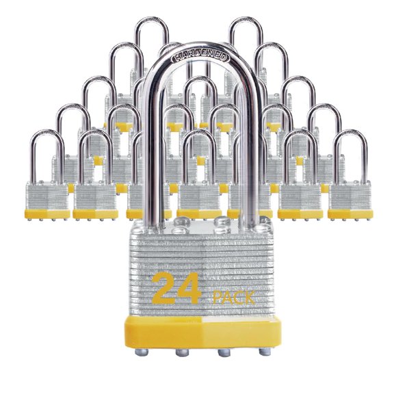 Keyed Alike Laminated Steel Padlocks with Long Shackle for Sheds, Fences & Lockers (24-Pack)