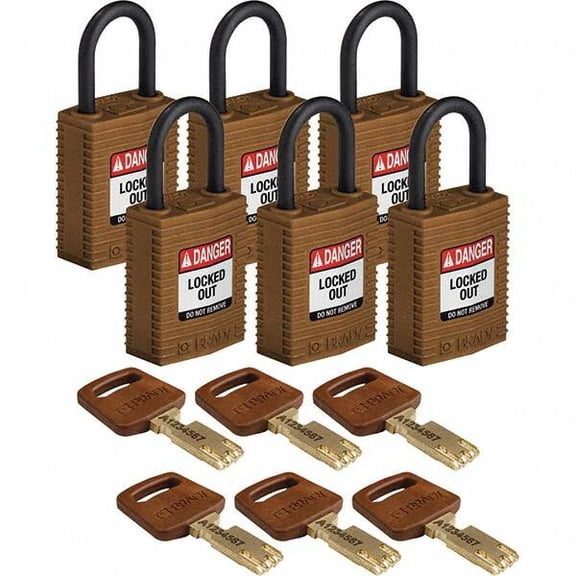Lockout Padlock, Keyed Alike, Nylon, Brown, 1 in Shackle Height, 1 1/4 in Body Width, 6 No. of Keys