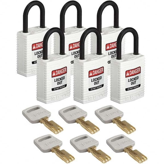 Lockout Padlock, Keyed Alike, Nylon, White, 1 in Shackle Height, 1 1/4 in Body Width, 6 No. of Keys