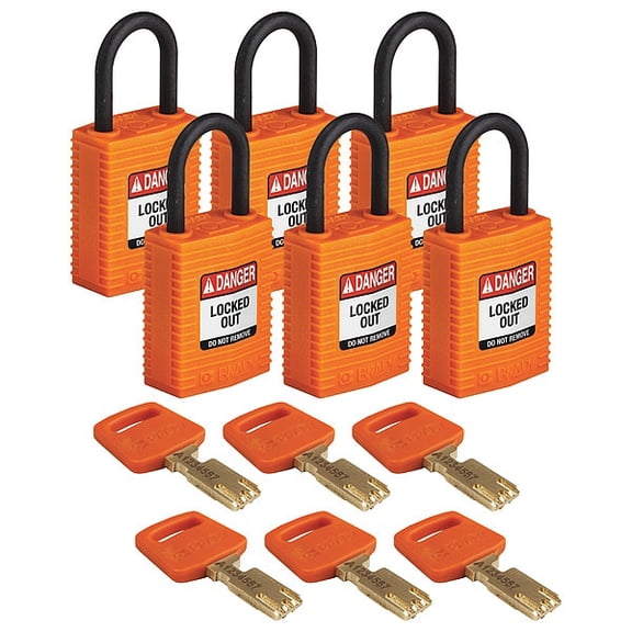 Brady Lockout Padlock,Nylon,1/4" W,Org,PK6 CPT-ORG-25PL-KA6PK
