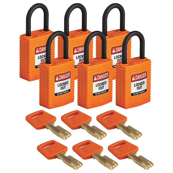 Brady Lockout Padlock,Nylon,1/4" W,Org,PK6 CPT-ORG-25PL-KA6PK