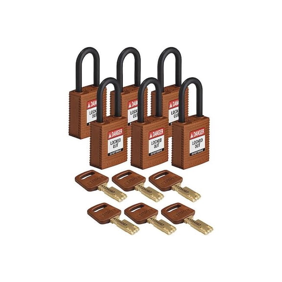 Lockout Padlock, Keyed Alike, Nylon, Brown, 1 1/2 in Shackle Height, 1 1/2 in Body Width, 6 PK
