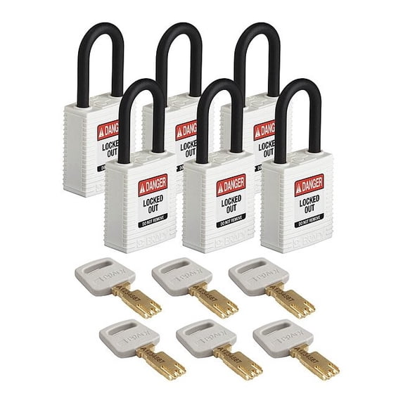 Lockout Padlock, Keyed Alike, Nylon, White, 1 1/2 in Shackle Height, 1 1/2 in Body Width, 6 PK