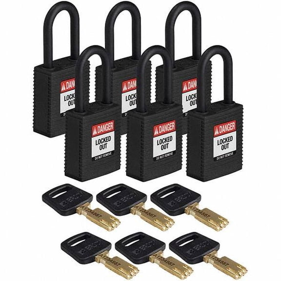 Lockout Padlock, Keyed Alike, Nylon, Black, 1 1/2 in Shackle Height, 1 1/2 in Body Width, 6 PK