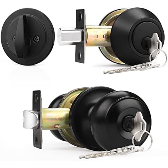 Keyed Alike Round Ball Entry Door Knob and Single Cylinder Deadbolt Set, Flat Black, 1Pack