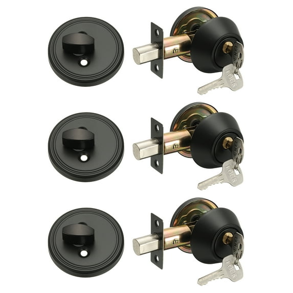 Keyed Alike Single Cylinder Deadbolt Door Lock Round Entry Handle Sets for Door Thickness 1.2-2 Inch (Black, Pack of 3)