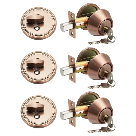 Keyed Alike Single Cylinder Deadbolt Door Lock Round Entry Handle Sets for Door Thickness 1.2-2 Inch (Red Bronze, Pack of 3)