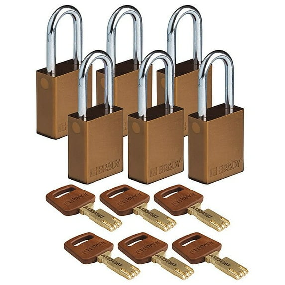 Brady Lockout Padlock,Al,Brn,Key Different,PK6 ALU-BRN-38ST-KD6PK