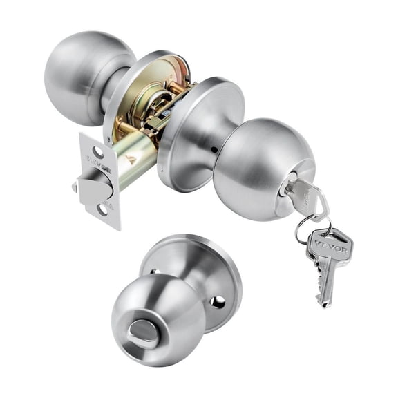 Keyed Entry Door Knob, Satin Nickel Door Knob with Round Ball, Keyed Exterior & Thumb Turn Lock Interior, All Metal Doorknobs Hardware with Lock and Keys, Modern Design for Bedroom & Bathroom