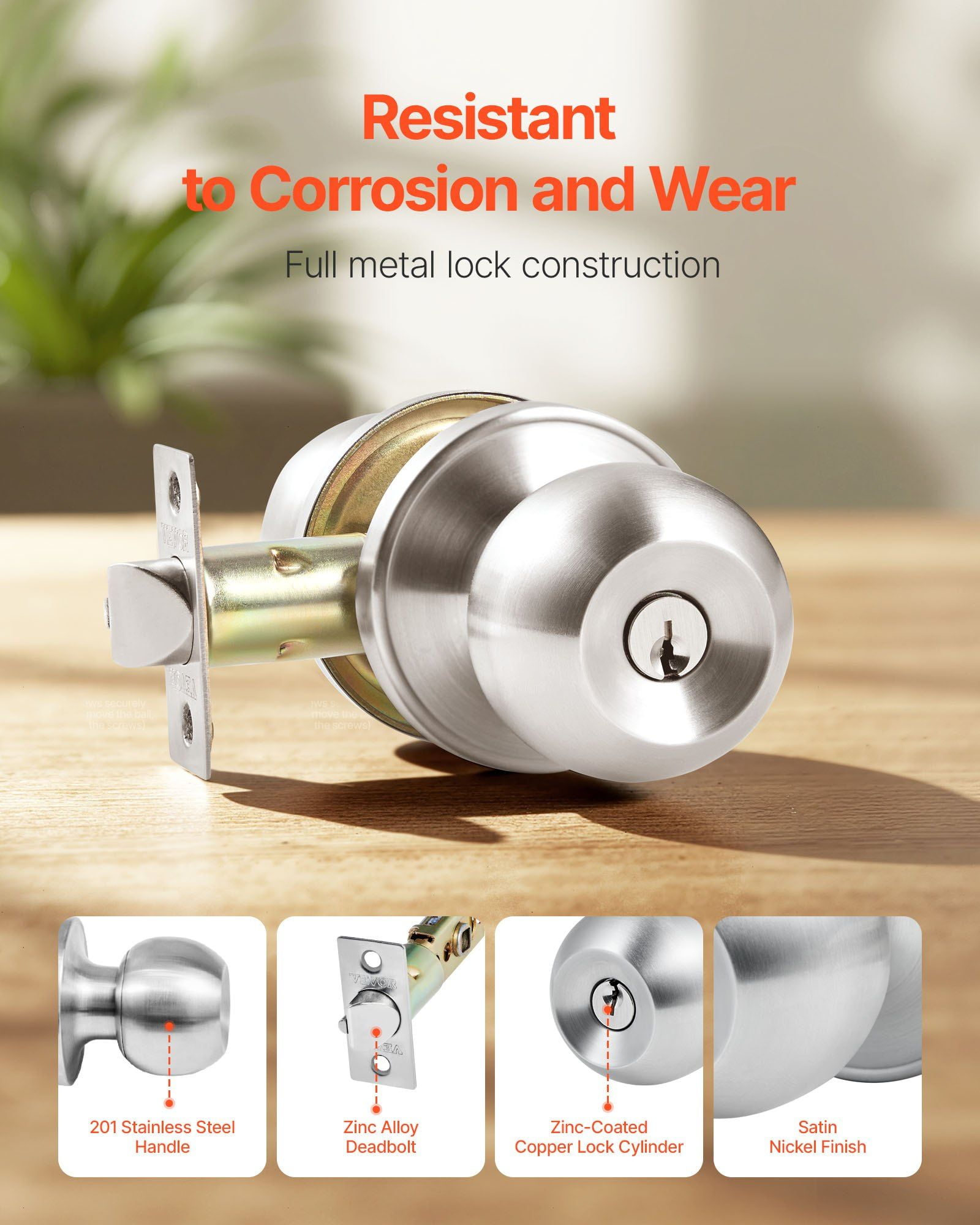 Keyed Entry Door Knob, Satin Nickel Round Ball Doorknob with Keyed Exterior and Thumb Turn Lock Interior, All Metal Hardware for Bedroom Bathroom