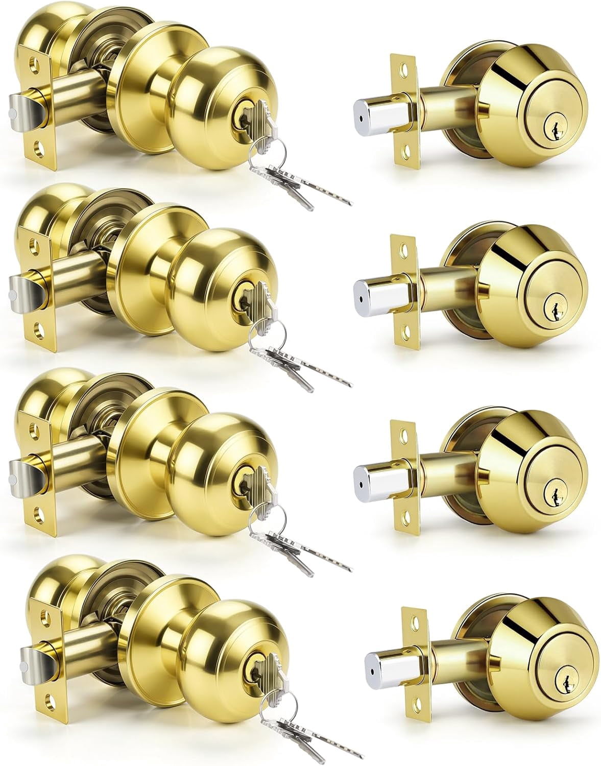 Keyed Entry Door Knob and Single Cylinder Deadbolt Combo Set, Exterior Door Knobs for Entrance and Front Door, Keyed Alike Knob and Deadbolt, Polished Brass, 4 Pack