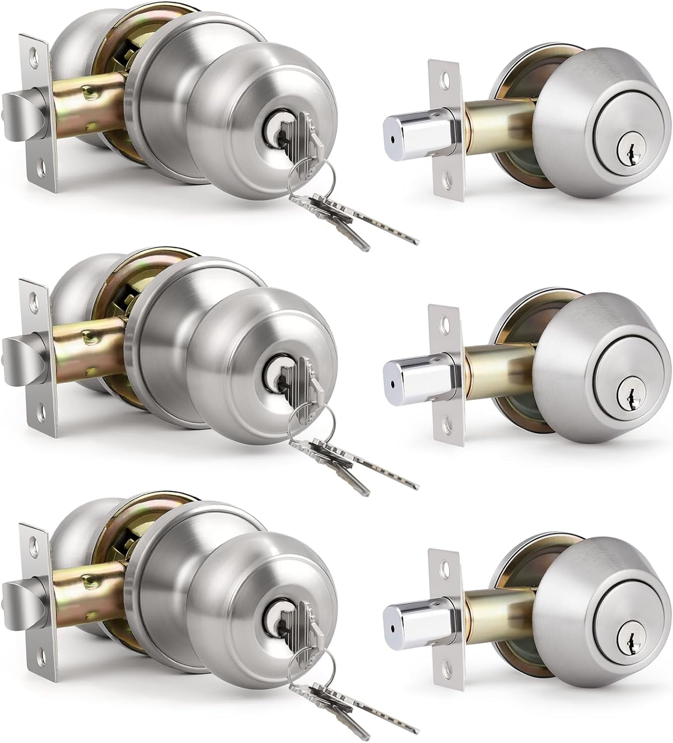 Keyed Entry Door Knob and Single Cylinder Deadbolt Combo Set, Exterior Door Knobs for Entrance and Front Door, Keyed Alike Knob and Deadbolt, Satin Nickel, 3 Pack