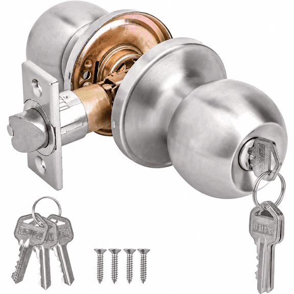 Keyed Entry Door Knob with Lock and Keys, Round Ball Stainless Steel Lockset with Adjustable Latch for Interior and Exterior Doors, Satin Nickel