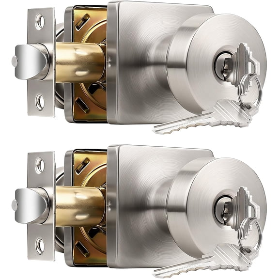 Keyed Entry Door Knobs Interior/Exterior 2 Pack, Classic Keyed Bedroom/Bathroom Door Knobs Entrance Lockset, Square Base Doorknobs with Brushed Nickel Finish