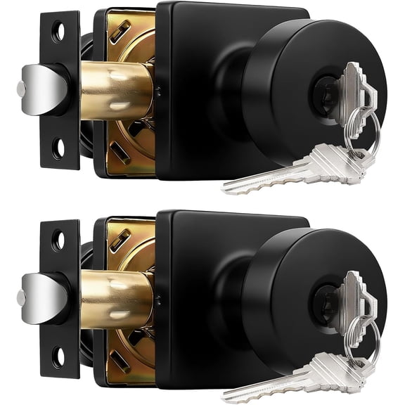 Keyed Entry Door Knobs Interior/Exterior 2 Pack, Classic Keyed Bedroom/Bathroom Door Knobs Entrance Lockset, Square Base Doorknobs with Matte Black Finish