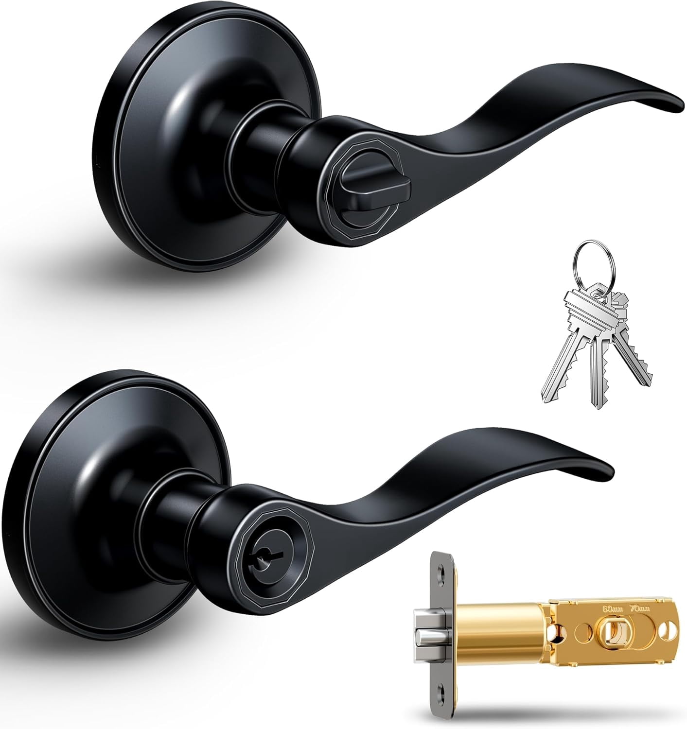 Keyed Entry Door Lever, Wave Handle Lock for Exterior & Interior Door, Door Knobs with Lock and Key, Rust-Proof Bedroom Door Lock, Zinc Alloy Right Left Handed, Matte Black
