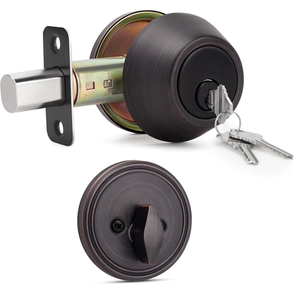 Keyed Single Cylinder Deadbolt Lock for Exterior, Round Design Dead Bolt for Front Door and Entrance Door, Oil Rubbed Bronze