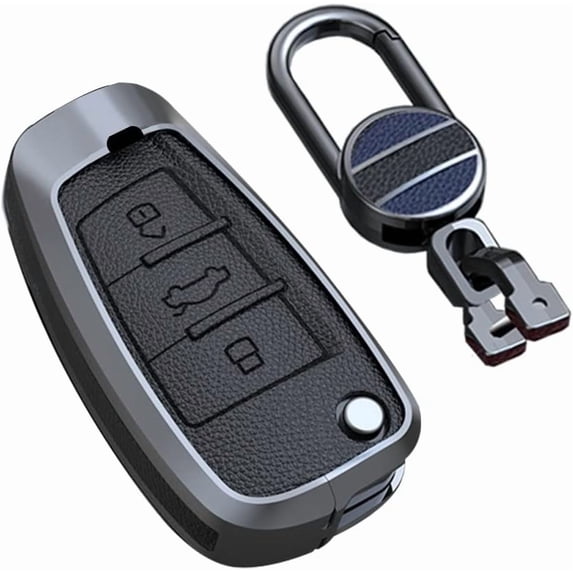 Keyless Brown Flip Key Fob Cover for Audi Q3 Q7 A3 A1 TT R8 Metal Leather Key Case Shell with Keychain,Black