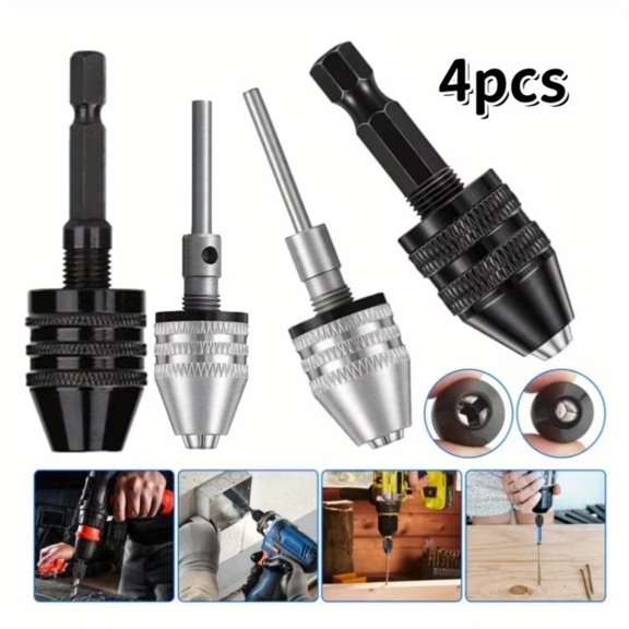 CCF 4pcs Keyless Drill Chuck Set,  1/4, 1/8, 1/16 inch Hex & Round Shanks for Cordless Screwdriver Accessories Conversion to Drill/Grinder