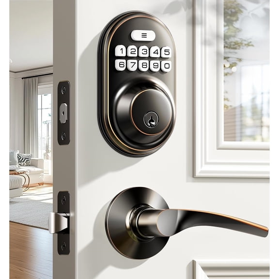 Keyless Entry Door Lock with 2 Lever Handles - Electronic Keypad Deadbolt, Auto Lock, Back Lit & Easy Installation Design, Front Door Handle Sets, Oil Rubbed Bronze