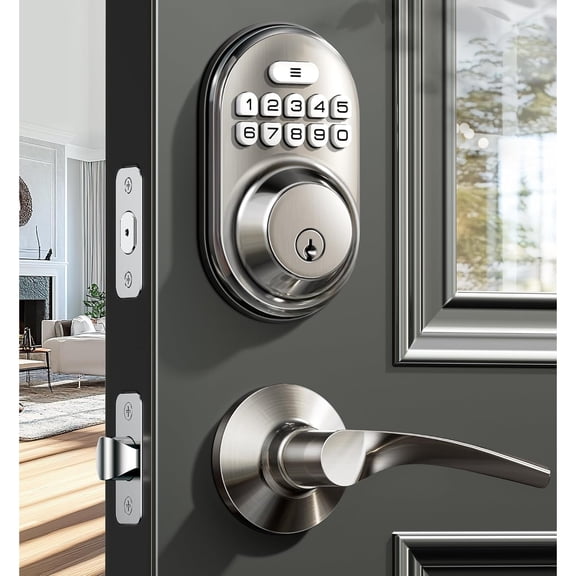 Keyless Entry Door Lock with 2 Lever Handles - Electronic Keypad Deadbolt, Auto Lock, Back Lit & Easy Installation Design, Front Door Handle Sets, Satin Nickel