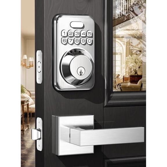 Keyless Entry Door Lock with 2 Lever Handles, Electronic Keypad Deadbolt, Auto-Locking, Anti-Peeping Password, Digital Code Door Lock, Front Door Handle Sets, Satin Nickel