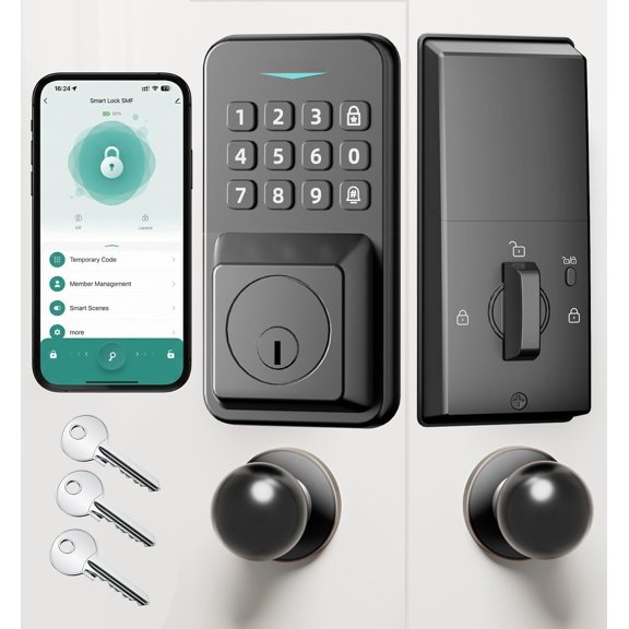 Keyless Entry Door Lock with App Control, Door Lock with 2 Knobs, Locks for Front Door, Backlit Keypad Deadbolt with 3 , Auto-Lock, -time Codes, Anti-Peeping Code (Black)
