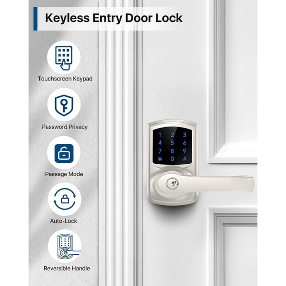Keyless Entry Door Lock, Electronic Keypad Door-Lock with Handle, Touchscreen, Auto-Locking, Anti-peep Password, Easy to Install for Front Door, Home, Office, Satin Nickel