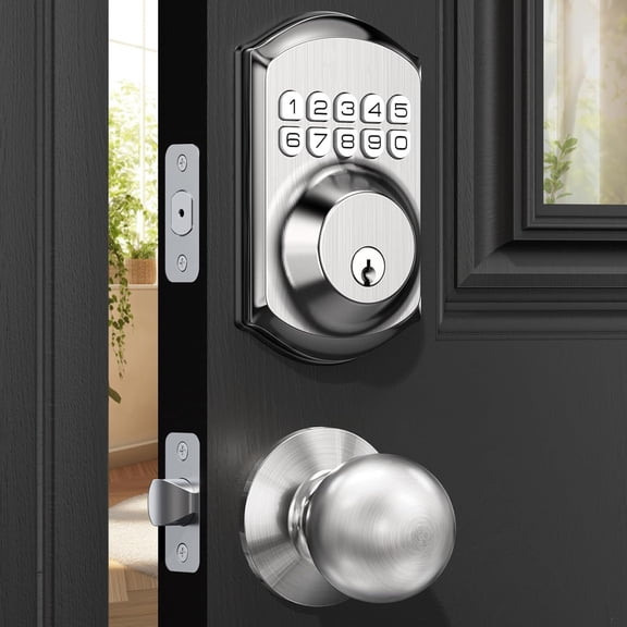Keyless Entry Door Lock with Handle, Electronic Keypad Deadbolt with 2 Knobs, High-Security Front Door Handle Set for Home & Rental, Smart Auto-Locking, Easy Install, Satin Nickel