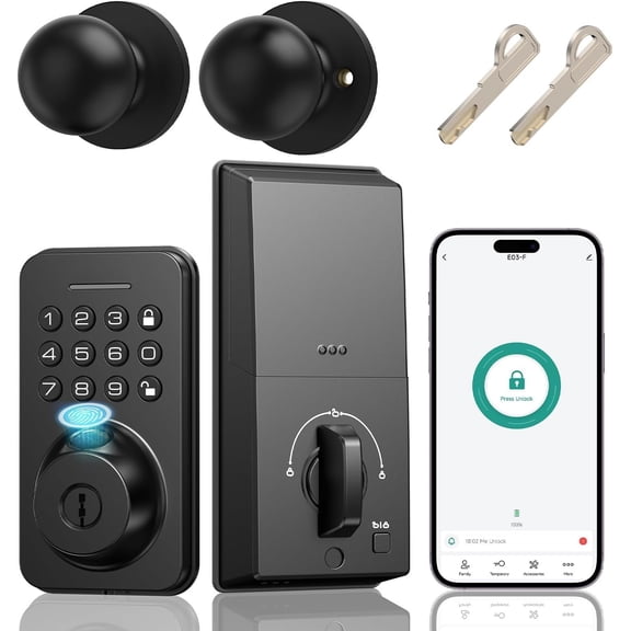 Keyless Entry Door Lock with Handle, Fingerprint Keypad Deadbolt with Handle Set, Door Locks for Front Door with App Control, Auto-Lock, -Time Code, Easy to Install