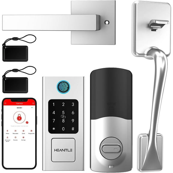 Keyless Entry Door Lock with Handle, HEANTLE Smart Front Door Lock Set, Electronic Keypad Smart Fingerprint Deadbolt Lock, Alexa Smart Door Lock, Digital Lock Bluetooth APP/Fobs Auto Lock Silver