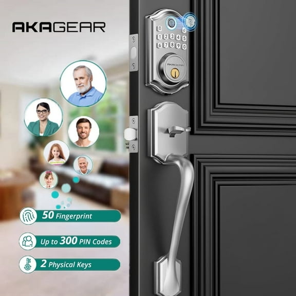 Keyless Entry Door Lock with Handle Set, Fingerprint Door Lock, Electronic Keypad Deadbolt, Smart Lock for Front Door, Auto-Locking, One-time Codes, Easy to Install, Silver