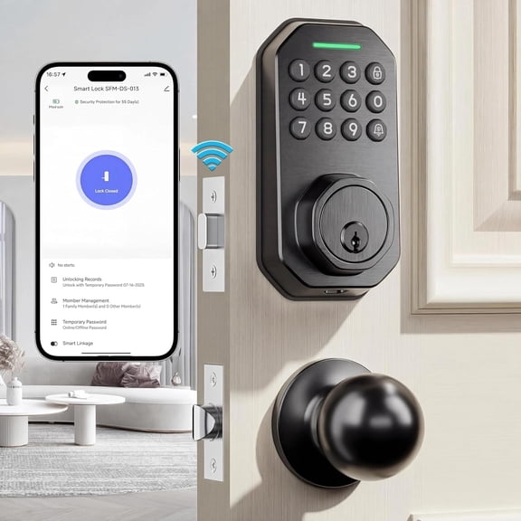 Keyless Entry Door Lock with Knob Set, Built-in WiFi, Door Locks for Front Door, App Control, Smart Lock, Keypad Deadbolt with Auto Lock, One-Touch Lock, One-Time Code, 5 Keys, Easy to Install