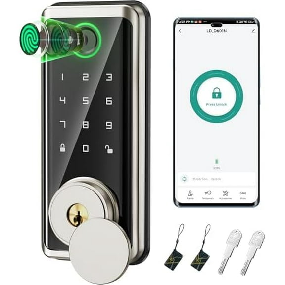 Keyless Entry Door Lock, Smart Auto Locks for Front Door & Key Fobs & Remote Control, Keypad Deadbolt Digital, Fingerprint Door Lock with Code, Cerraduras Inteligentes, IP68, Satin Nickel