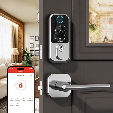 Keyless Entry Door Lock with Handle: Front Door Locks Set Fingerprint Deadbolt Alexa Digital Keypad Latch APP Remote Control Auto Lock Satin Nickel