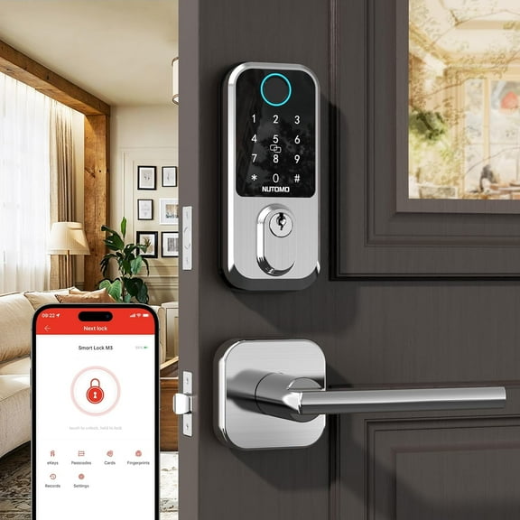 Keyless Entry Door Lock with Handle: Front Door Locks Set Fingerprint Deadbolt Alexa Digital Keypad Latch APP Remote Control Auto Lock Satin Nickel