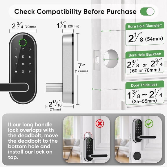 Keyless Entry Fingerprint Digital Smart Lock with Handle & Keypad: Electronic/Electric Lock with Code, App Control Biometric Deadbolt Door Knob for Front, Interior, Exterior & Bedroom Door (Silver)