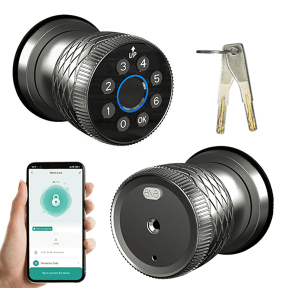 Keyless Entry Fingerprint Door Knob, Smart Biometric Door Lock with Keypad Passcode Door Knob with Auto-Lock for Front Door, Bedroom, Gate & Office