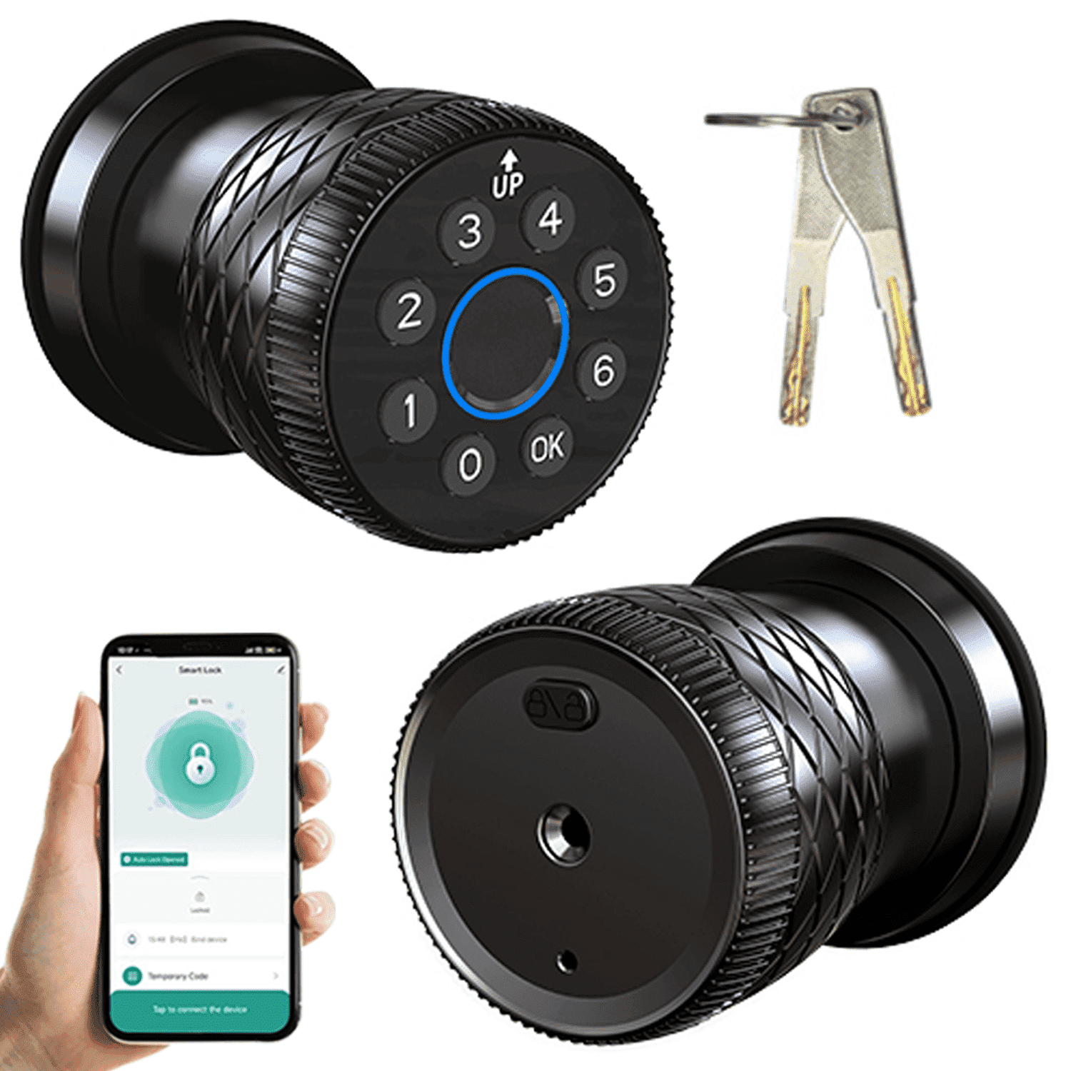 Keyless Entry Fingerprint Door Knob, Smart Biometric Door Lock with Keypad Passcode Door Knob with Auto-Lock for Front Door, Bedroom, Gate & Office