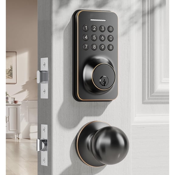 Keyless Entry Keypad Deadbolt with Handle Set, Auto-Lock + One-Touch Lock, 100 Codes + Easy Install, Ideal for Airbnb/Homes/Offices, Fits U.S. Standard Front Doors, Oil Rubbed Bronze