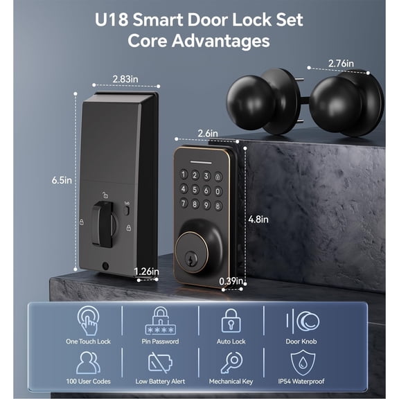 Keyless Entry Keypad Deadbolt with Handle Set, Auto-Lock + One-Touch Lock, 100 Codes + Easy Install, Ideal for Airbnb/Homes/Offices, Fits U.S. Standard Front Doors, Oil Rubbed Bronze