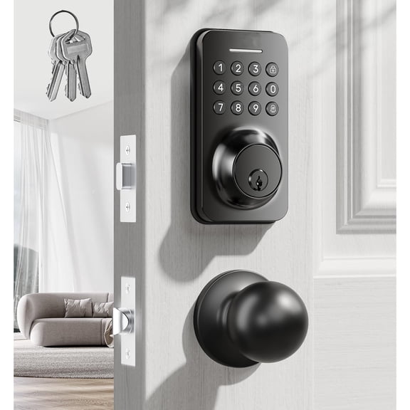 Keyless Entry Keypad Deadbolt with Handle Set, Lock, -Lock + One-Touch Lock, 100 Codes + 15-Min Easy Install, for Airbnb/Homes/Offices, Fits U.S. Standard Front Doors, Black