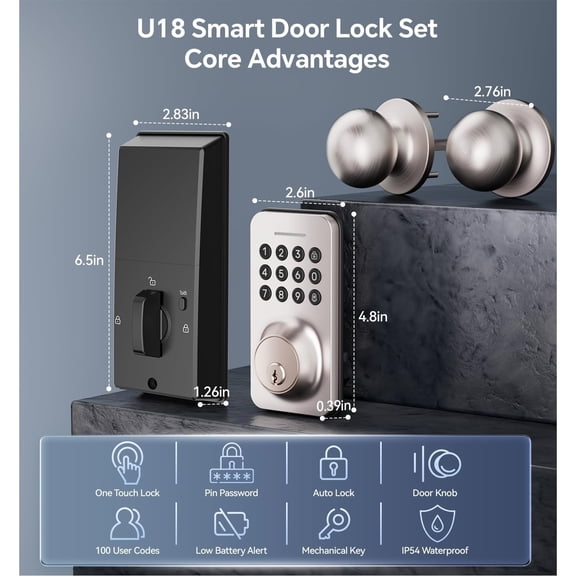 Keyless Entry Keypad Deadbolt with Handle Set, Smart Lock, Auto-Lock + One-Touch Lock, 100 Codes + Easy Install, Ideal for Airbnb/Homes/Offices, Fits U.S. Standard Front Doors, Satin Nickel