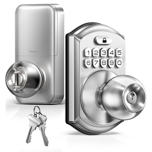 TE003 Keyless Entry Keypad Door Lock with Handle, Electronic Digital Smart Deadbolt Locks with 2 Backup Keys, Door Knob with Code for Front Door Bedroom, Auto Lock, Easy to Install, Satin Nickel