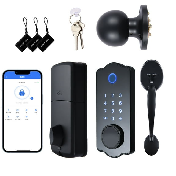 Keyless Entry Smart Door Lock Waterproof Auto Lock 5 in 1 TTlock App IC Card 150 Codes Electronic Fingerprint Door Lock with Handle Lever Set for Front Door