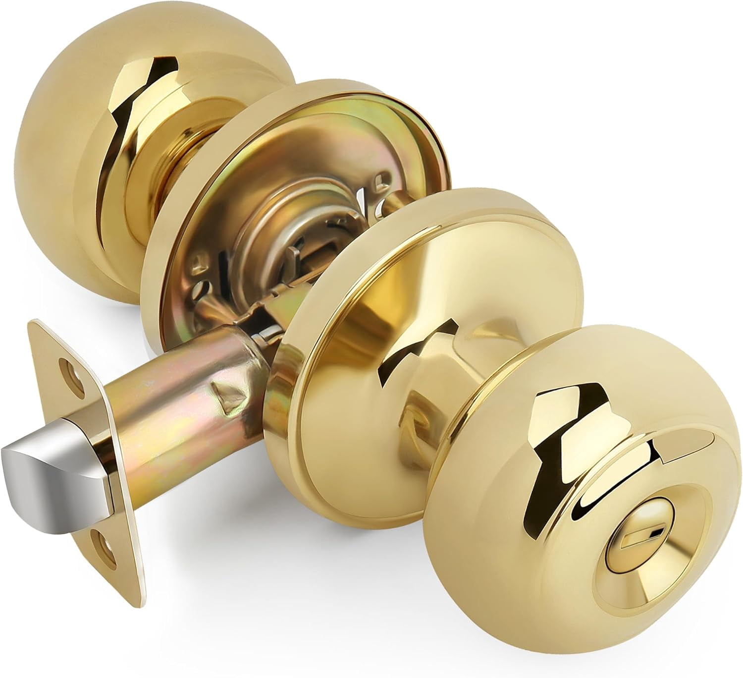 Keyless Privacy Door Knob, Flat Ball Interior Door Knob, Round Locking Doorknob for Bedroom/Bathroom Doors, Polished Brass