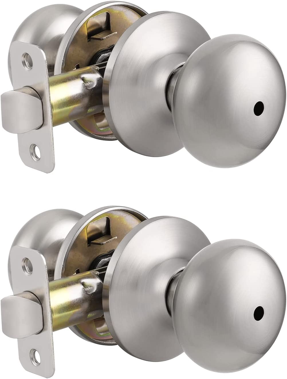 Keyless Privacy Door Knobs Interior Brushed Nickel Finish, 2 Pack Bedroom Bathroom Doorknob with Universible Handle, Solid Adjustable 60-70mm Latch