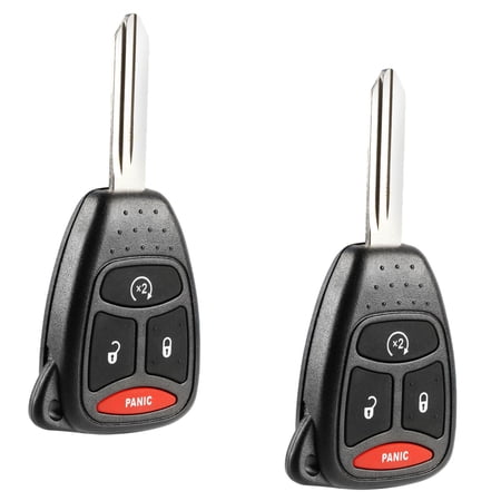 KeylessOption replacement blank key + fob for Chrysler, Dodge, Jeep (KOBDT04A) 4-button remote w/ remote start, 2 pack