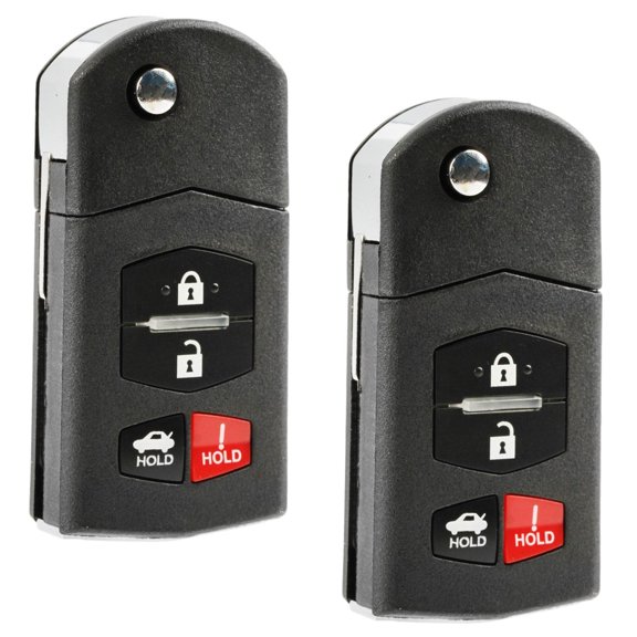 KeylessOption replacement blank key + fob for Mazda 3, 6, MX5, RX8 (GP7A675RYB) 4-button flip key fob with remote trunk release, 2 pack