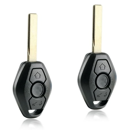 KeylessOption replacement blank smooth key + fob for BMW 3, 5, 6 series, X3, X5, X6, Z4, Z8 (LX8FZV) 3 button remote fob with trunk release, 2 pack